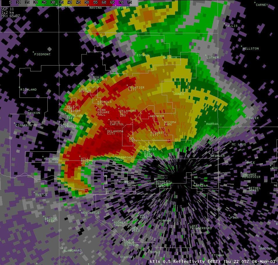 Twin Lakes, OK (KTLX) Radar Reflectivity Display for 5:05 pm CDT, 5/08/2003