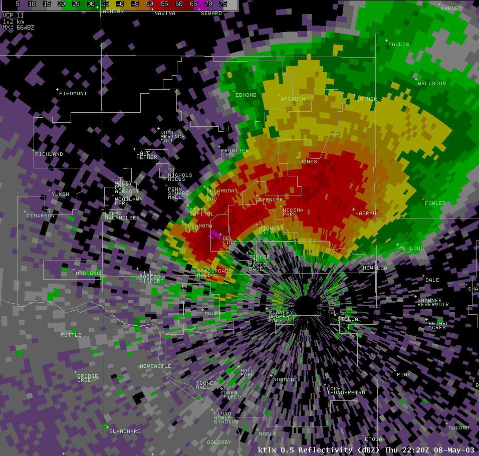 Twin Lakes, OK (KTLX) Radar Reflectivity Display for 5:20 pm CDT, 5/08/2003