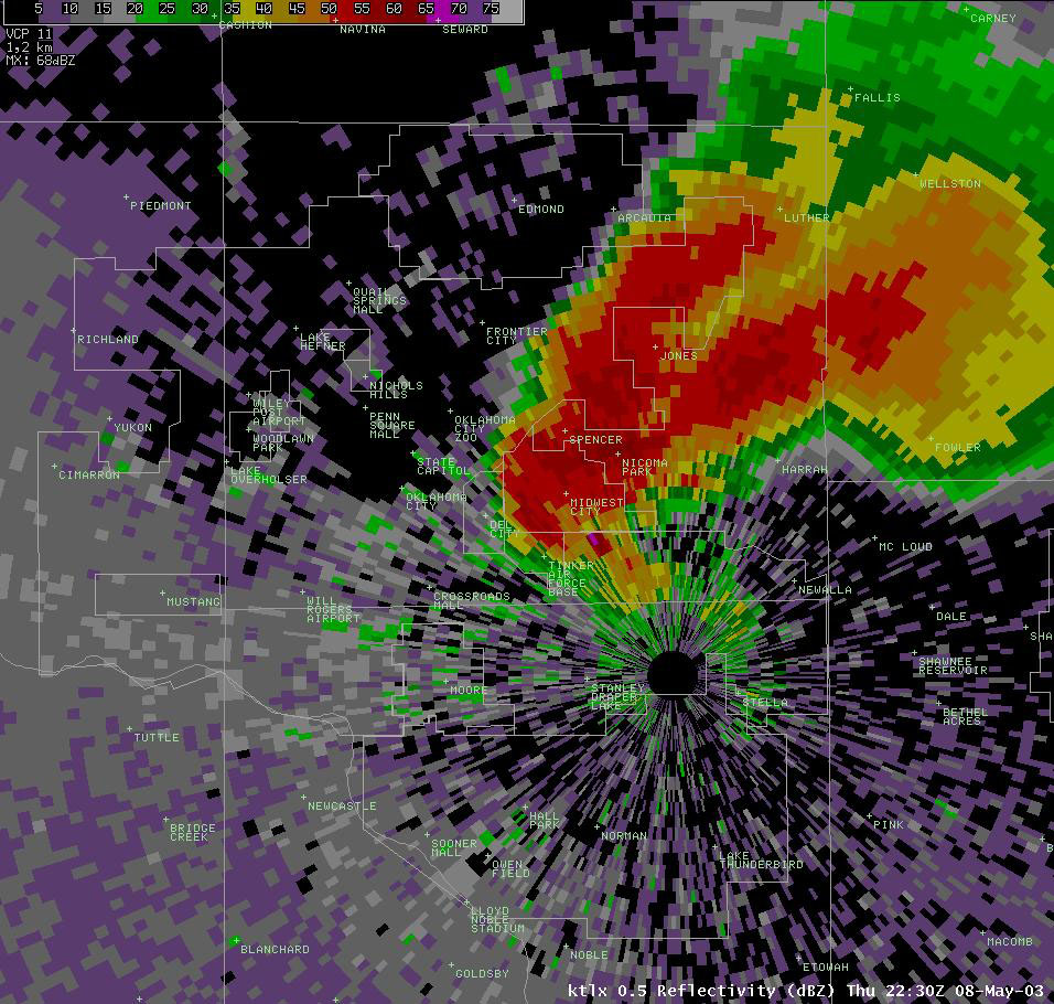 Twin Lakes, OK (KTLX) Radar Reflectivity Display for 5:30 pm CDT, 5/08/2003