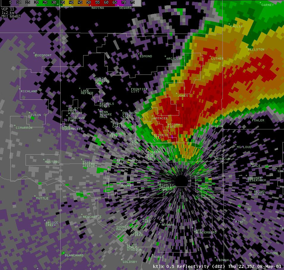 Twin Lakes, OK (KTLX) Radar Reflectivity Display for 5:35 pm CDT, 5/08/2003