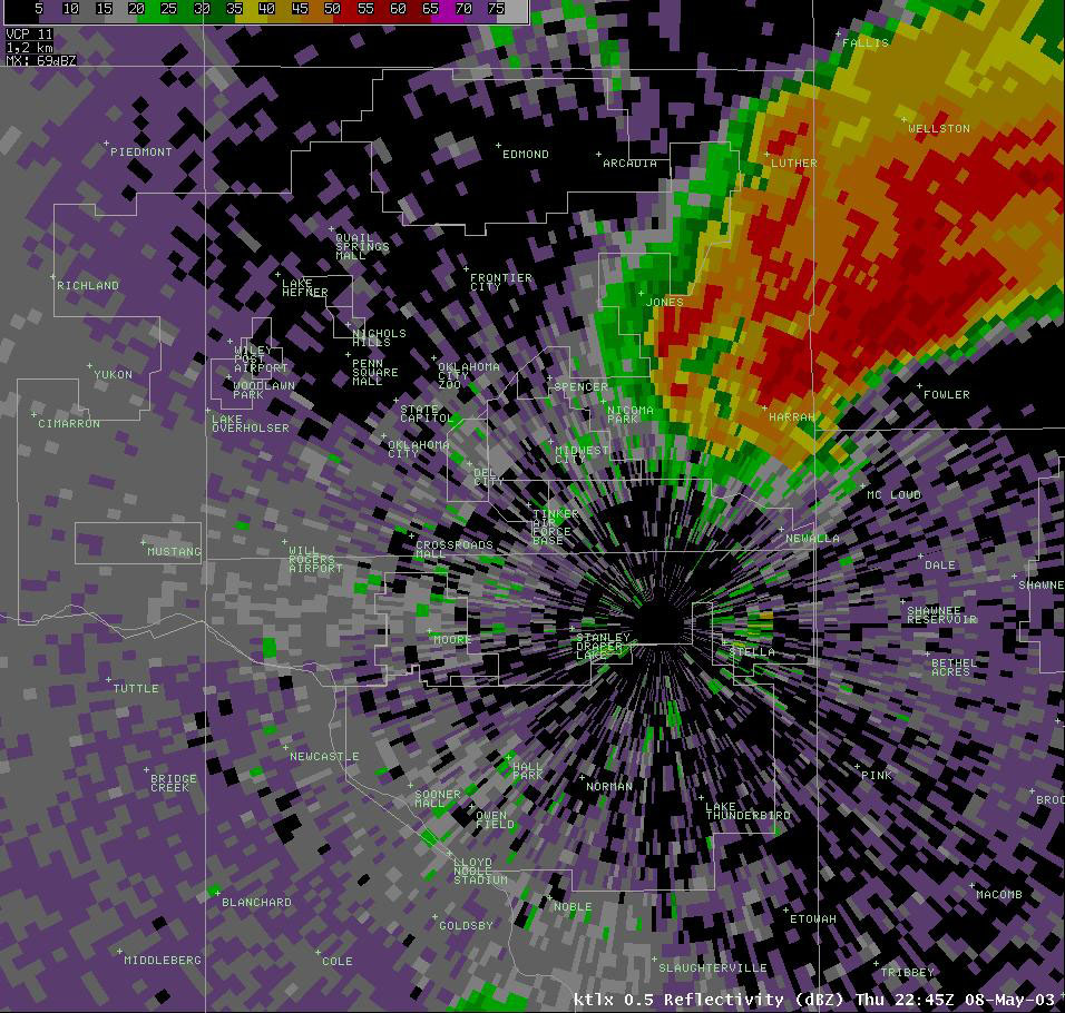 Twin Lakes, OK (KTLX) Radar Reflectivity Display for 5:45 pm CDT, 5/08/2003