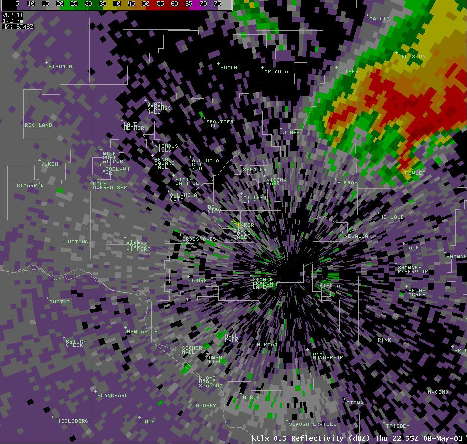 Twin Lakes, OK (KTLX) Radar Reflectivity Display for 5:55 pm CDT, 5/08/2003