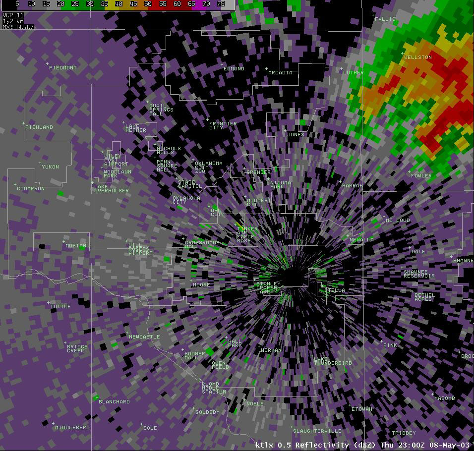 Twin Lakes, OK (KTLX) Radar Reflectivity Display for 6:00 pm CDT, 5/08/2003