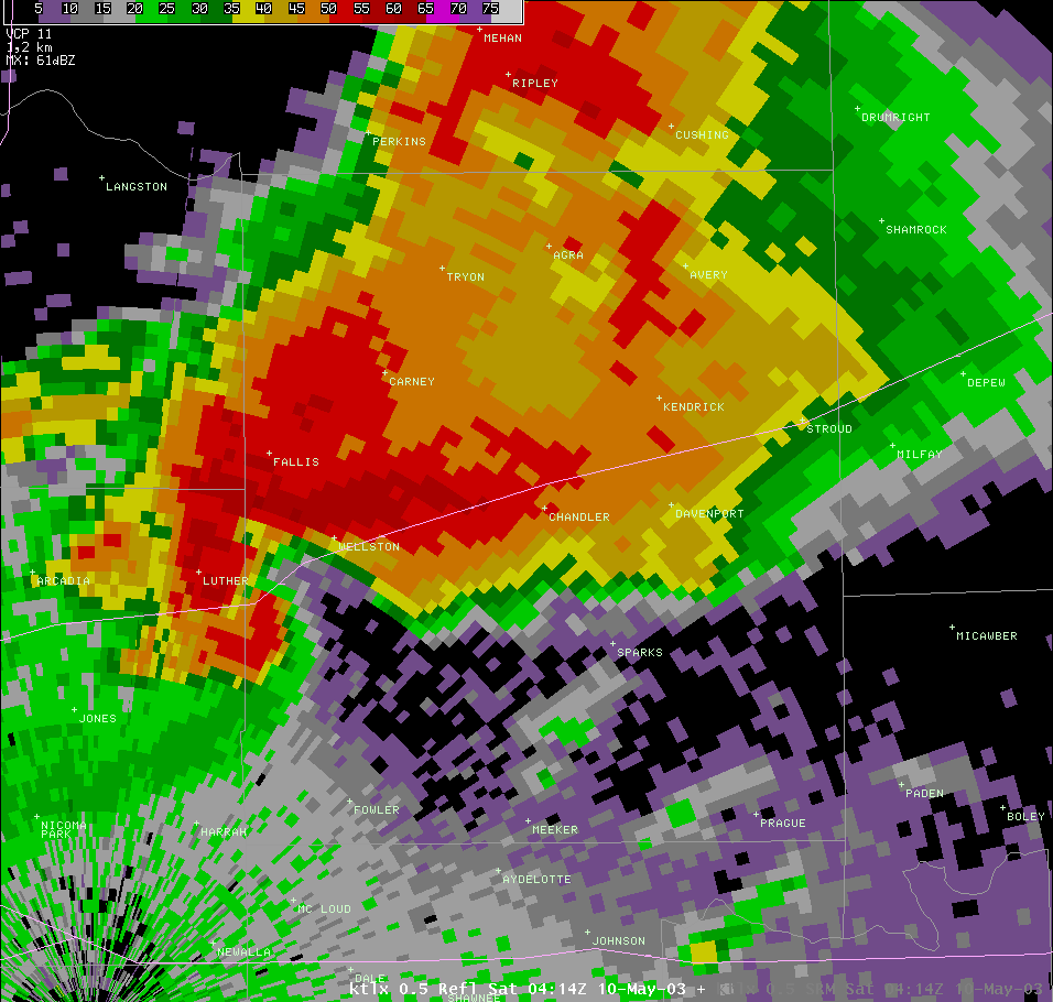 Twin Lakes, OK (KTLX) Radar Reflectivity for 11:14 PM CDT, 5/09/2003