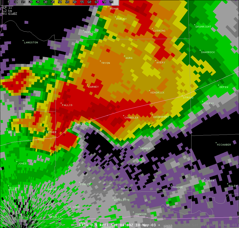 Twin Lakes, OK (KTLX) Radar Reflectivity for 11:19 PM CDT, 5/09/2003