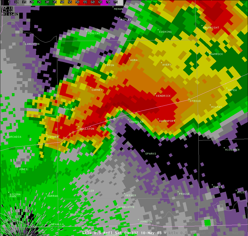 Twin Lakes, OK (KTLX) Radar Reflectivity for 11:33 PM CDT, 5/09/2003