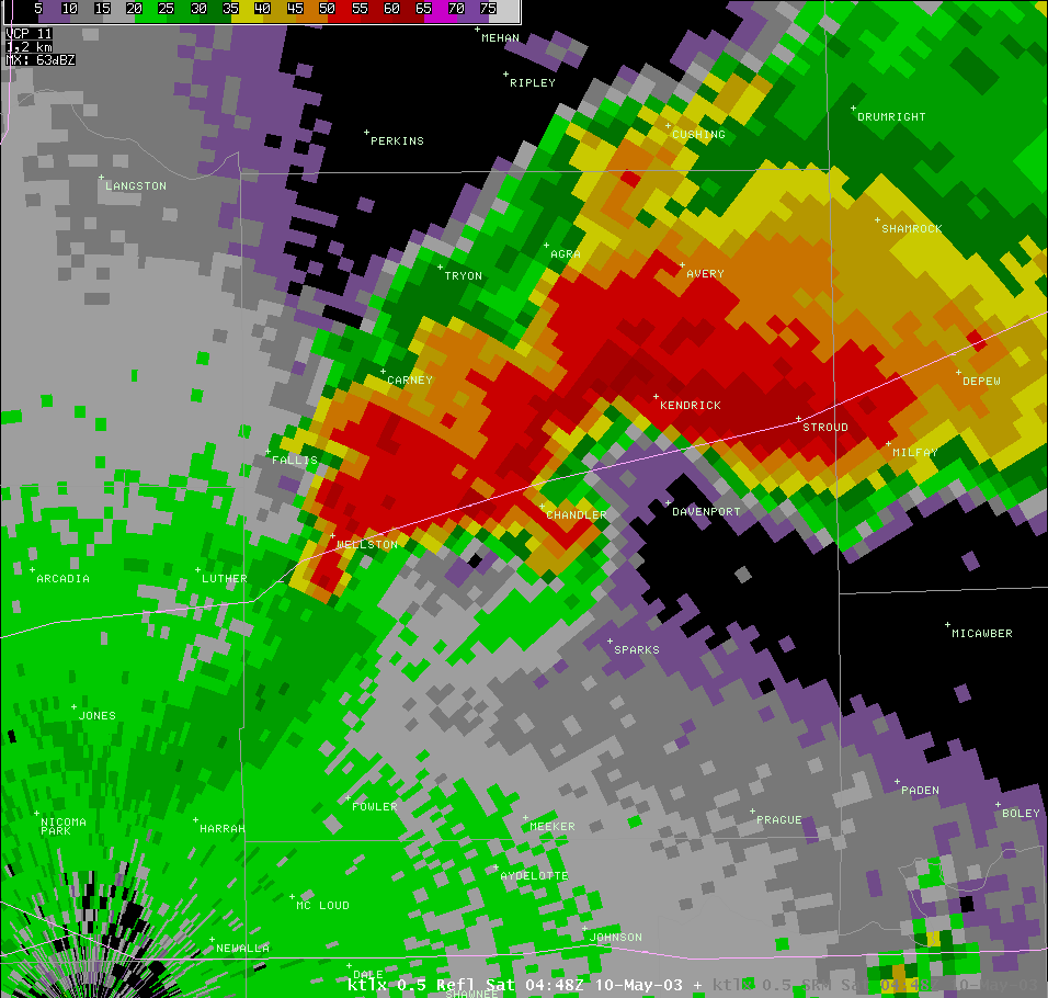 Twin Lakes, OK (KTLX) Radar Reflectivity for 11:48 PM CDT, 5/09/2003