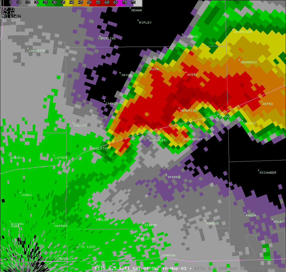 Twin Lakes, OK (KTLX) Radar Reflectivity for 11:58 PM CDT, 5/09/2003