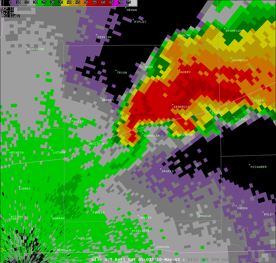 Twin Lakes, OK (KTLX) Radar Reflectivity for 12:03 AM CDT, 5/10/2003