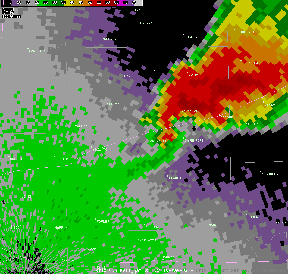 Twin Lakes, OK (KTLX) Radar Reflectivity for 12:13 AM CDT, 5/10/2003