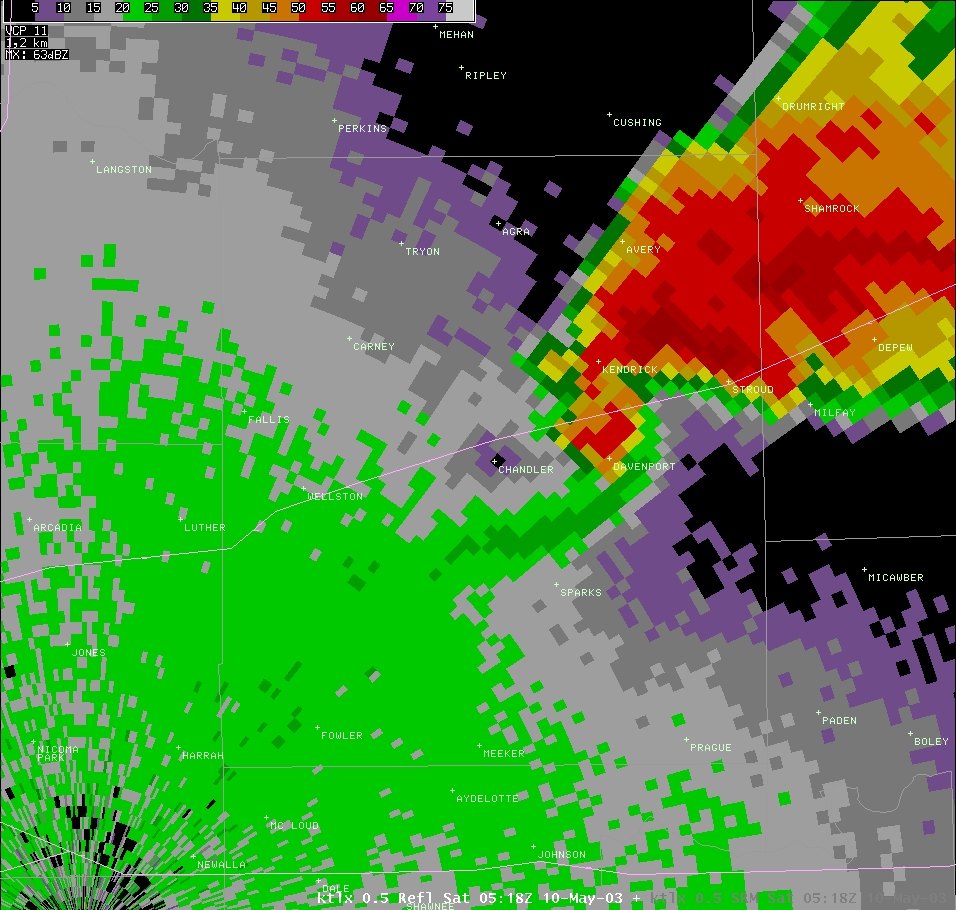 Twin Lakes, OK (KTLX) Radar Reflectivity for 12:18 AM CDT, 5/10/2003