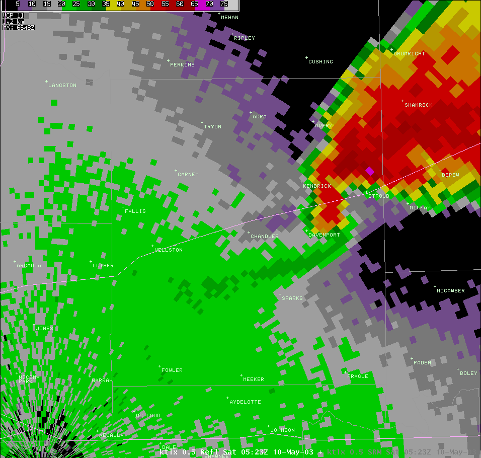 Twin Lakes, OK (KTLX) Radar Reflectivity for 12:23 AM CDT, 5/10/2003