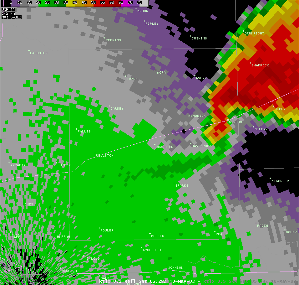 Twin Lakes, OK (KTLX) Radar Reflectivity for 12:28 AM CDT, 5/10/2003