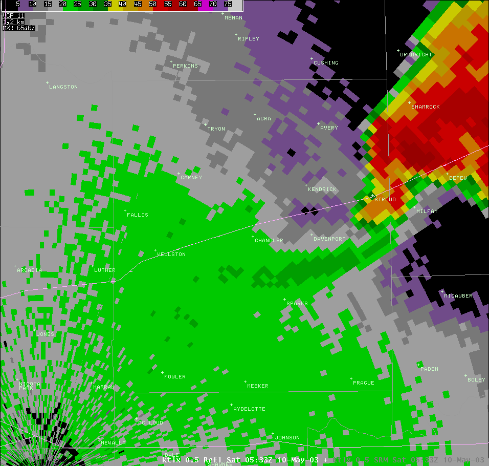 Twin Lakes, OK (KTLX) Radar Reflectivity for 12:33 AM CDT, 5/10/2003