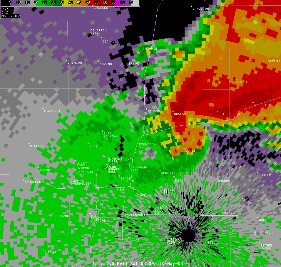 Twin Lakes, OK (KTLX) Radar Reflectivity Image for  9:59 PM CDT, 5/09/2003