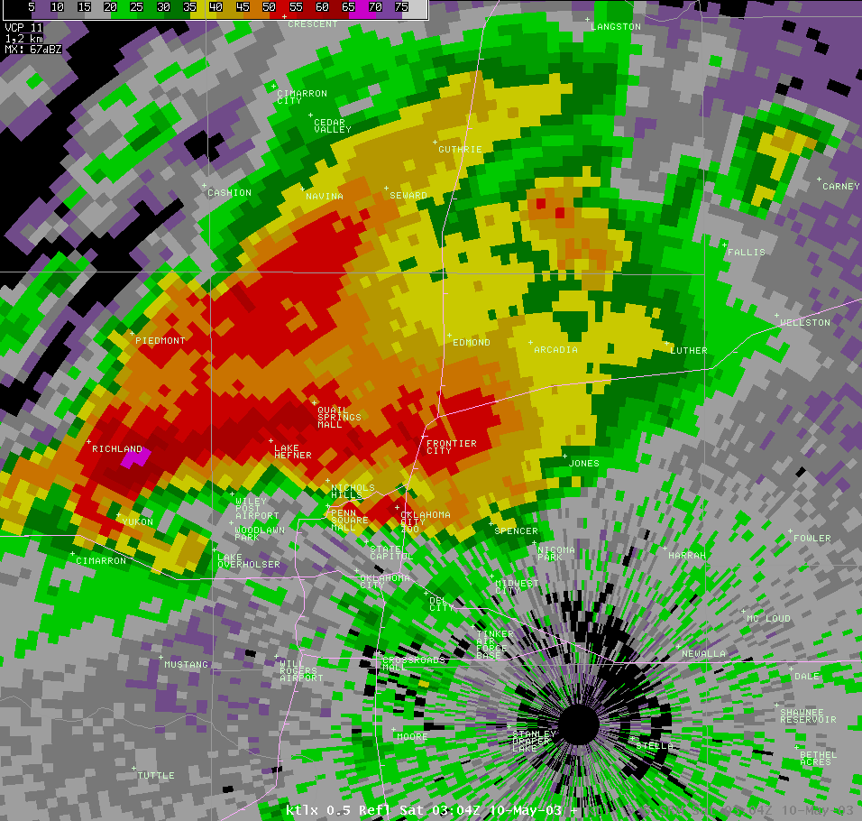 Twin Lakes, OK (KTLX) Radar Reflectivity Image for 10:04 PM CDT, 5/09/2003