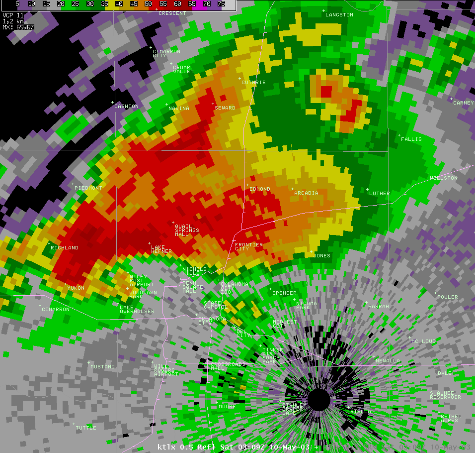 Twin Lakes, OK (KTLX) Radar Reflectivity Image for 10:09 PM CDT, 5/09/2003