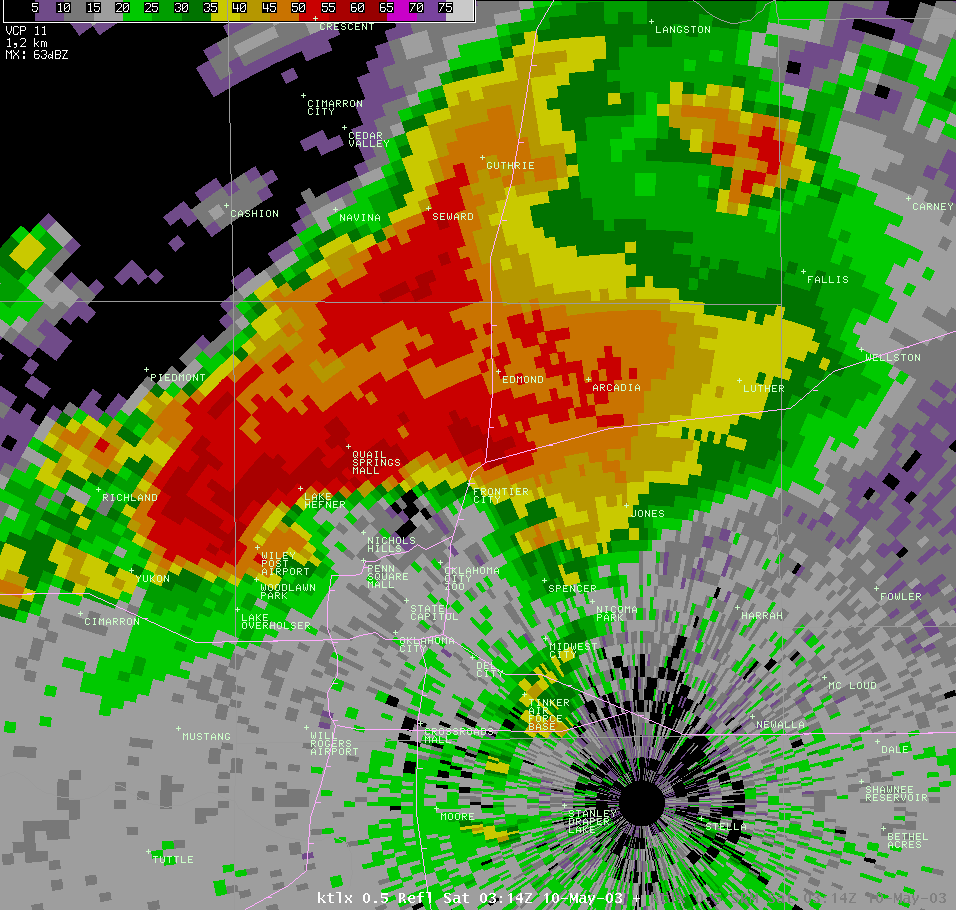 Twin Lakes, OK (KTLX) Radar Reflectivity Image for 10:14 PM CDT, 5/09/2003