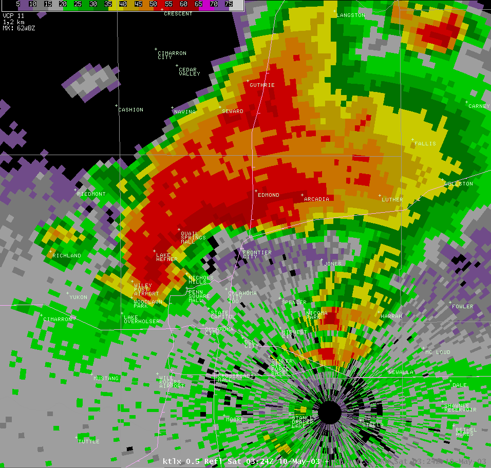 Twin Lakes, OK (KTLX) Radar Reflectivity Image for 10:24 PM CDT, 5/09/2003