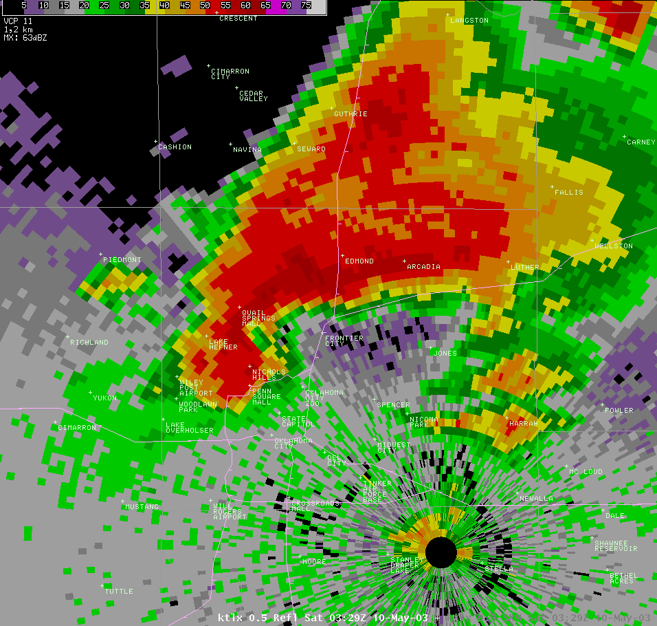 Twin Lakes, OK (KTLX) Radar Reflectivity Image for 10:29 PM CDT, 5/09/2003