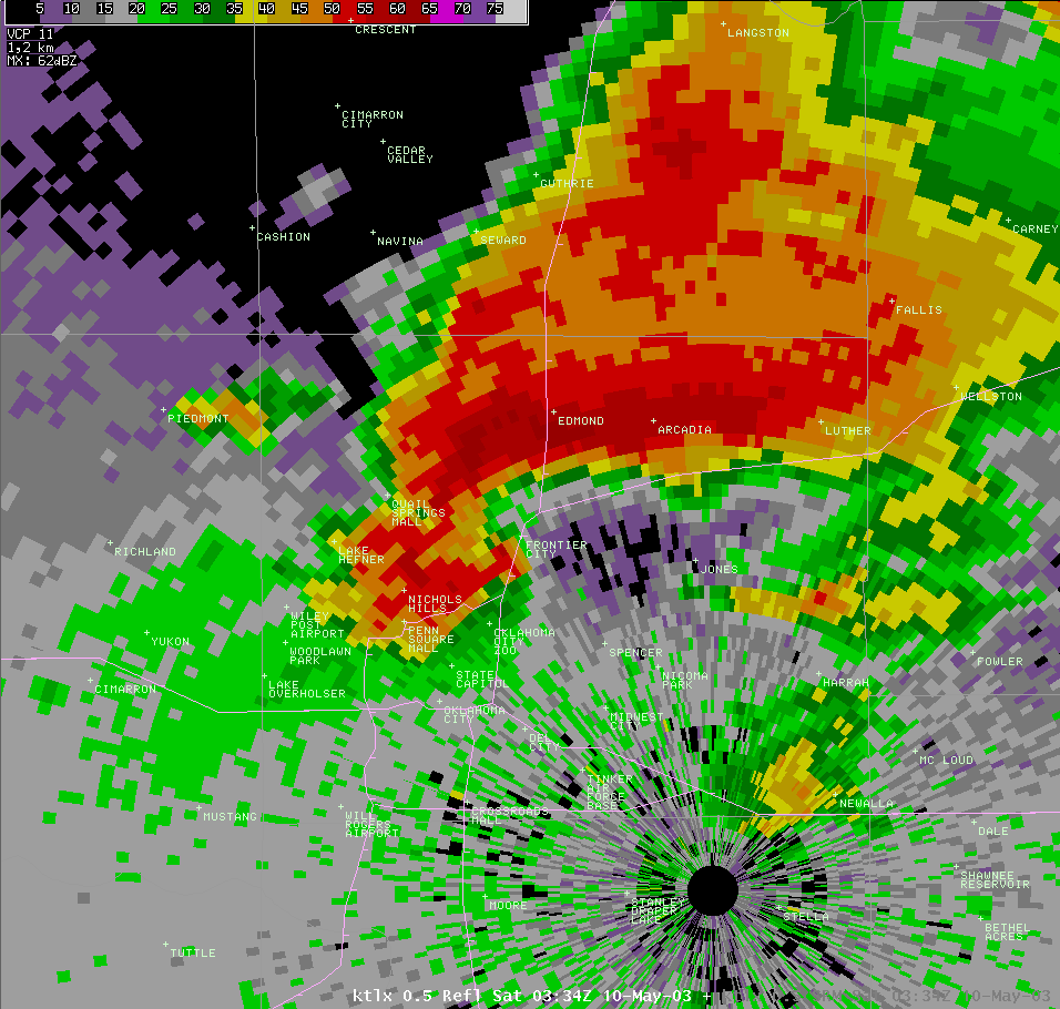 Twin Lakes, OK (KTLX) Radar Reflectivity Image for 10:34 PM CDT, 5/09/2003