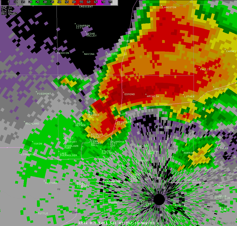 Twin Lakes, OK (KTLX) Radar Reflectivity Image for 10:39 PM CDT, 5/09/2003