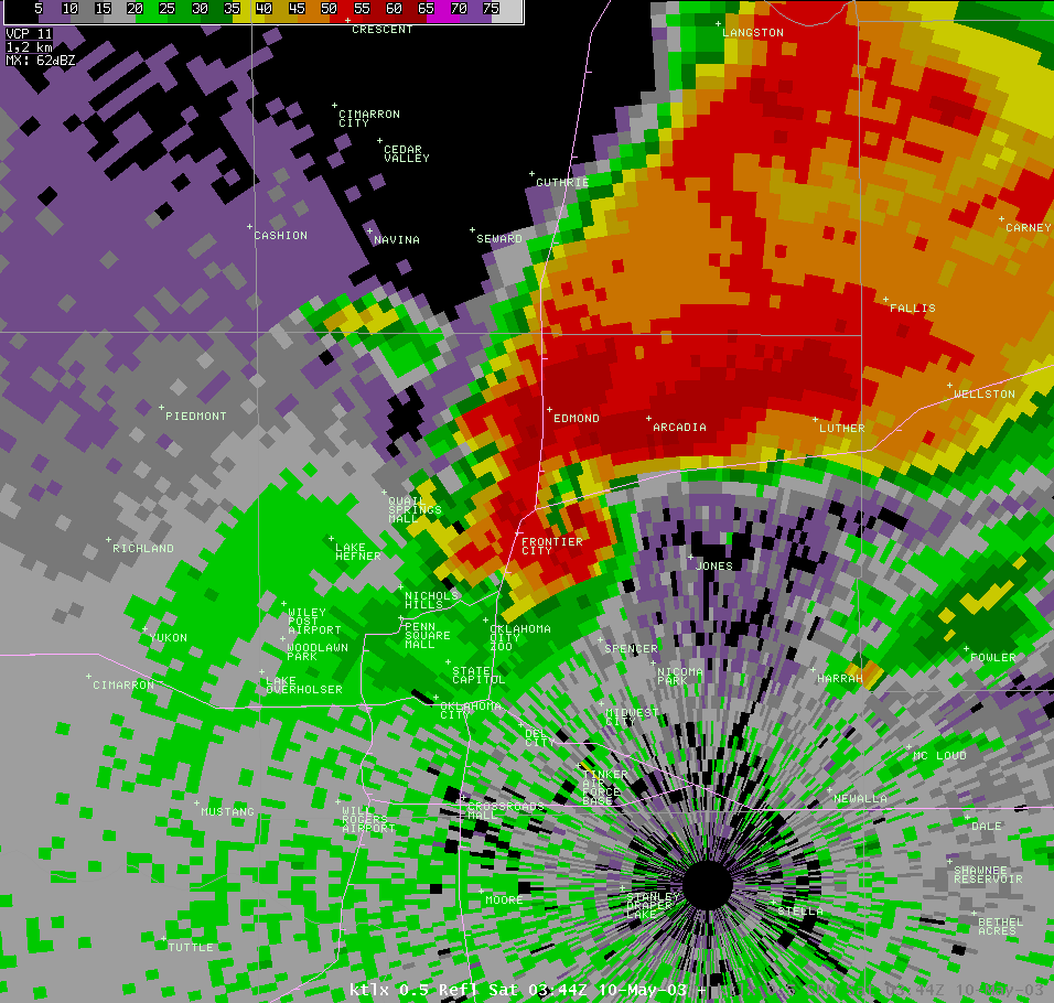 Twin Lakes, OK (KTLX) Radar Reflectivity Image for 10:44 PM CDT, 5/09/2003