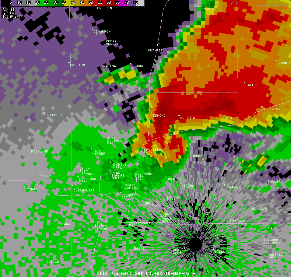 Twin Lakes, OK (KTLX) Radar Reflectivity Image for 10:49 PM CDT, 5/09/2003