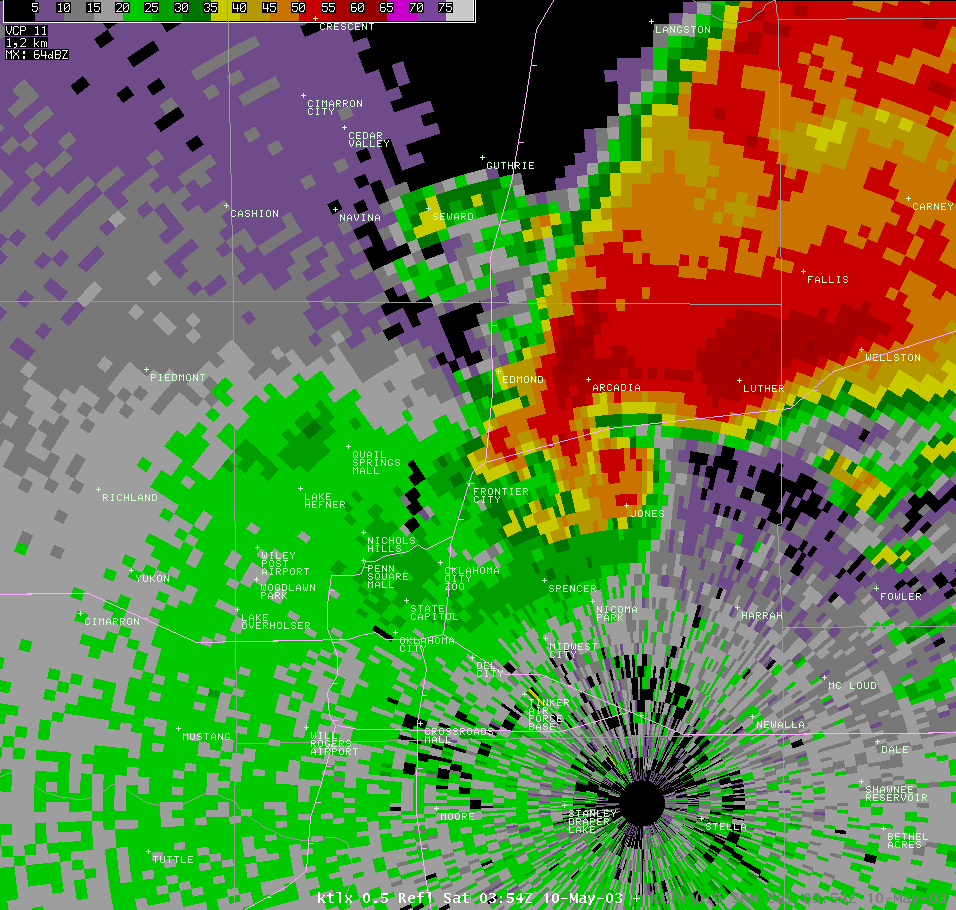 Twin Lakes, OK (KTLX) Radar Reflectivity Image for 10:54 PM CDT, 5/09/2003