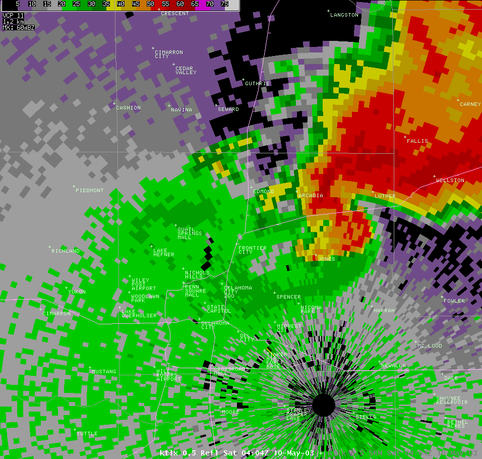 Twin Lakes, OK (KTLX) Radar Reflectivity Image for 11:04 PM CDT, 5/09/2003