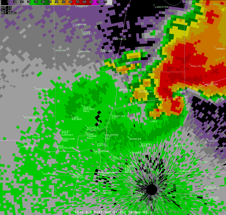 Twin Lakes, OK (KTLX) Radar Reflectivity Image for 11:09 PM CDT, 5/09/2003