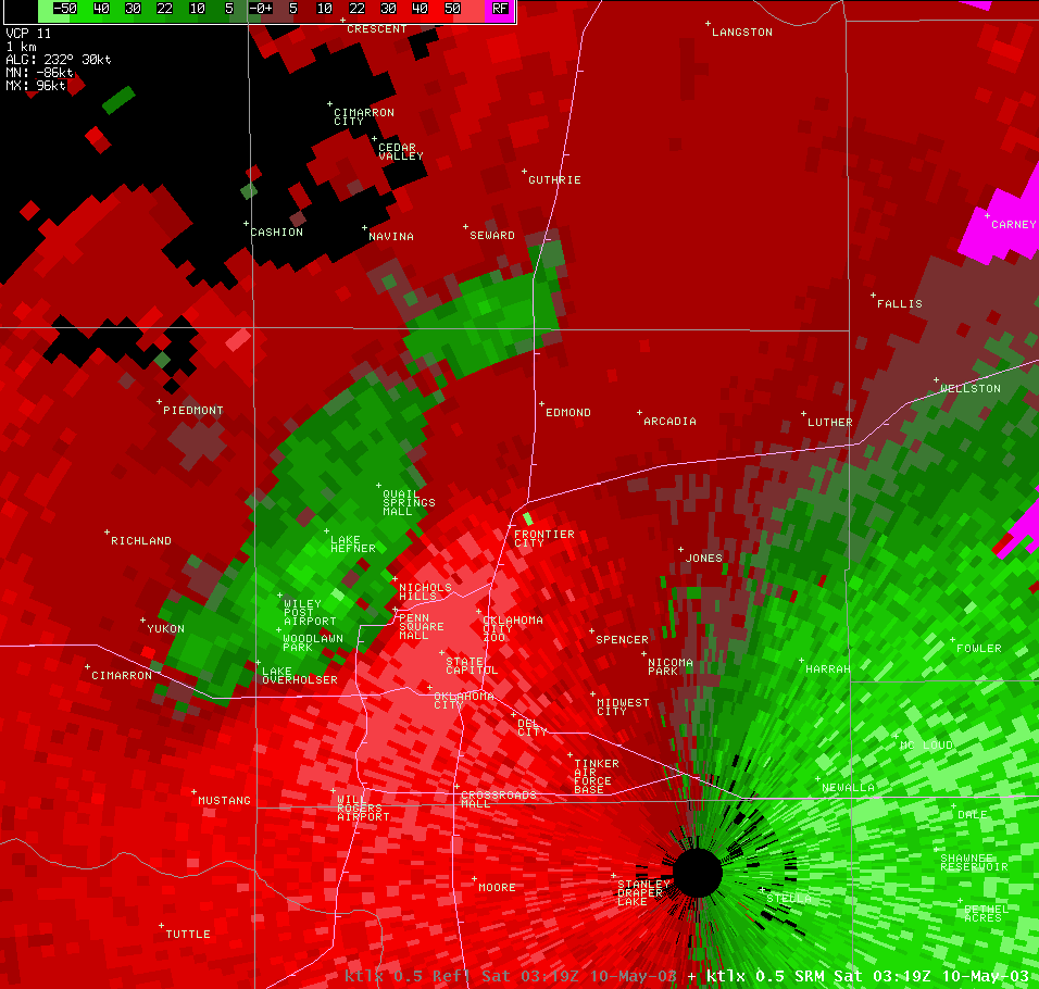 Twin Lakes, OK (KTLX) Storm Relative Velocity Image for 10:19 PM CDT, 5/09/2003