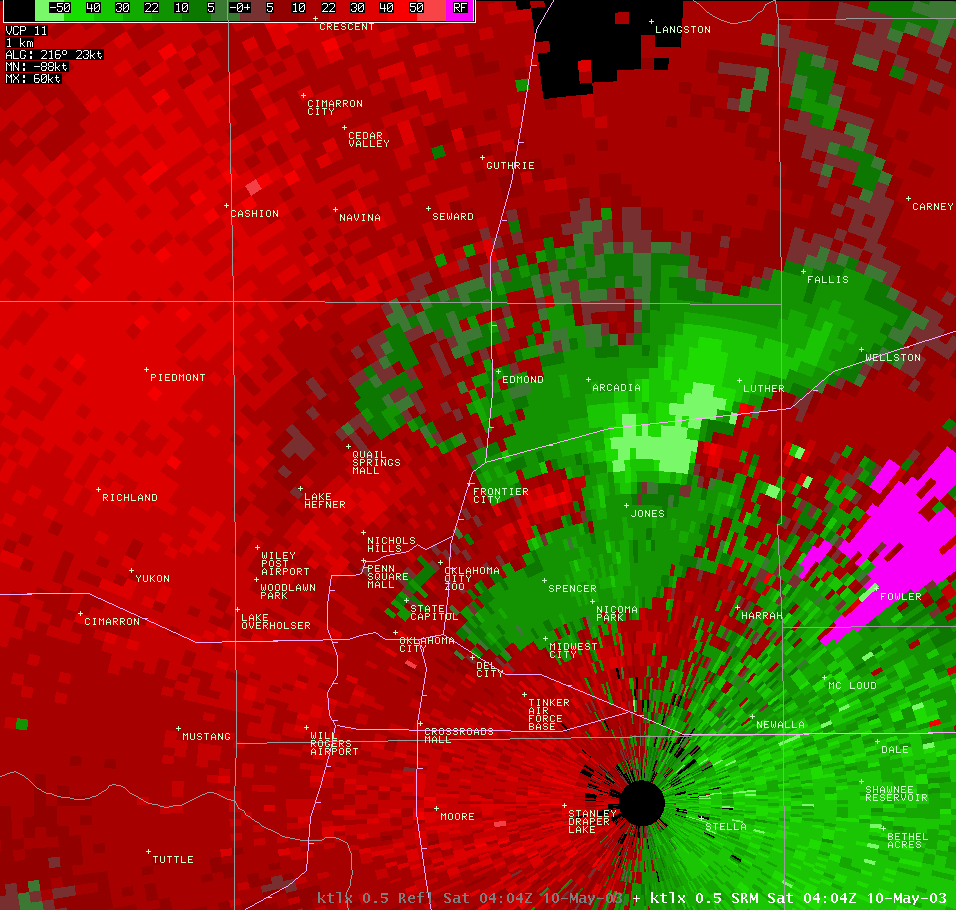 Twin Lakes, OK (KTLX) Storm Relative Velocity Image for 11:04 PM CDT, 5/09/2003