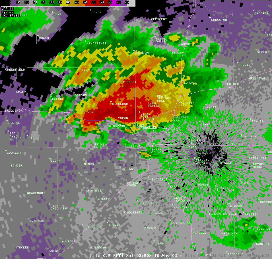 Twin Lakes, OK (KTLX) Radar Reflectivity Image for 9:50 PM CDT, 5/09/2003