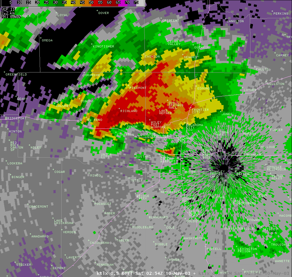 Twin Lakes, OK (KTLX) Radar Reflectivity Image for 9:55 PM CDT, 5/09/2003