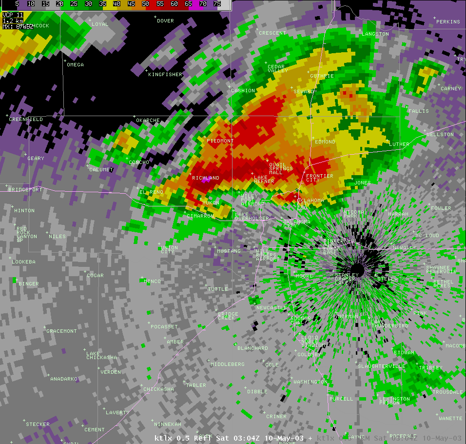 Twin Lakes, OK (KTLX) Radar Reflectivity Image for 10:04 PM CDT, 5/09/2003