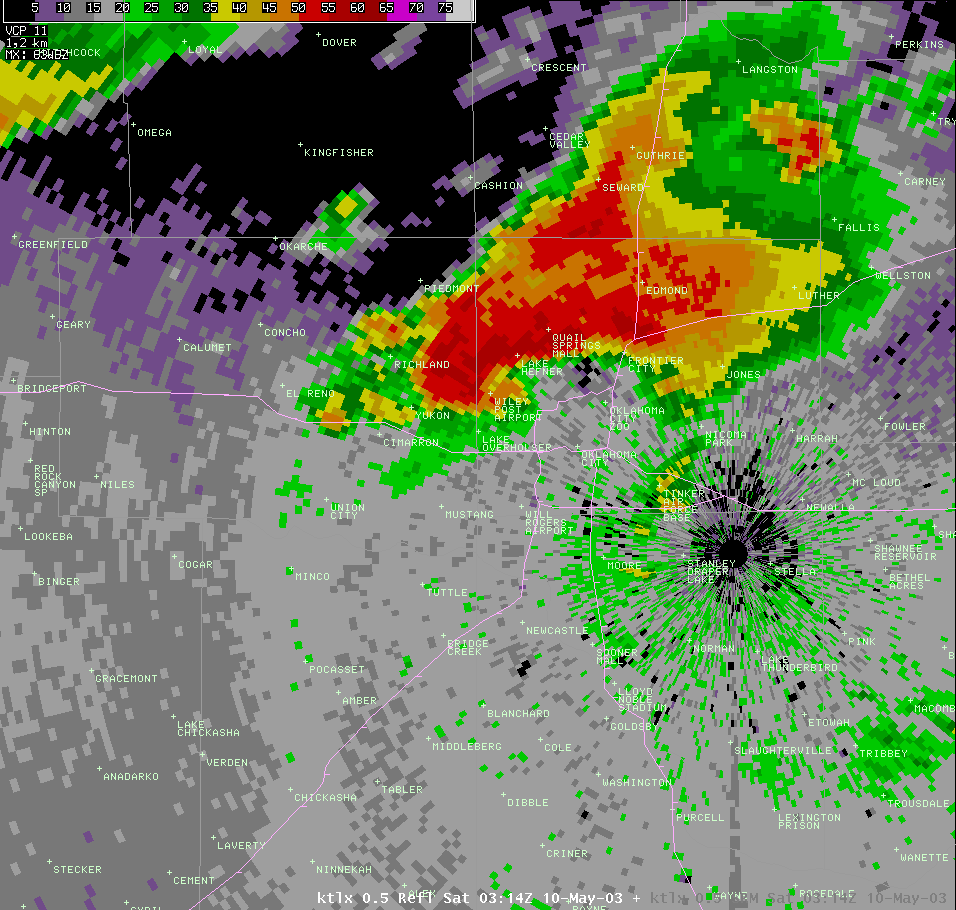 Twin Lakes, OK (KTLX) Radar Reflectivity Image for 10:14 PM CDT, 5/09/2003