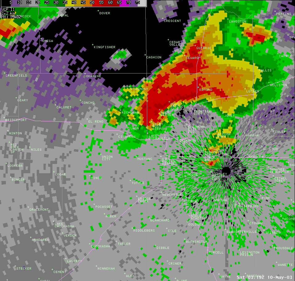 Twin Lakes, OK (KTLX) Radar Reflectivity Image for 10:19 PM CDT, 5/09/2003