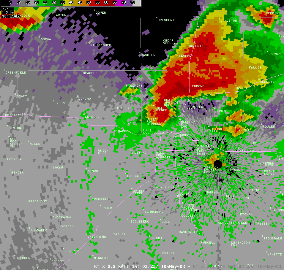 Twin Lakes, OK (KTLX) Radar Reflectivity Image for 10:29 PM CDT, 5/09/2003