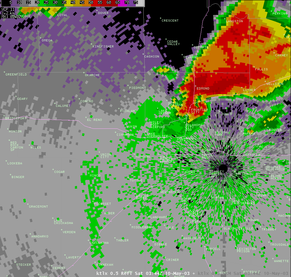 Twin Lakes, OK (KTLX) Radar Reflectivity Image for 10:44 PM CDT, 5/09/2003