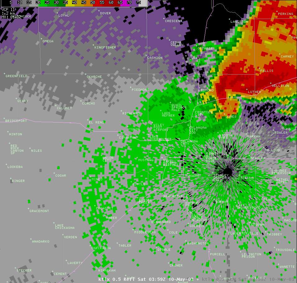 Twin Lakes, OK (KTLX) Radar Reflectivity Image for 10:59 PM CDT, 5/09/2003