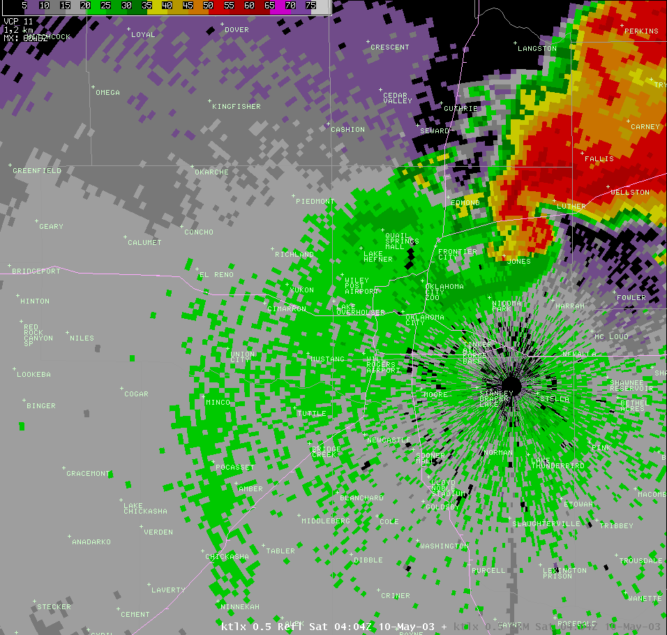 Twin Lakes, OK (KTLX) Radar Reflectivity Image for 11:04 PM CDT, 5/09/2003