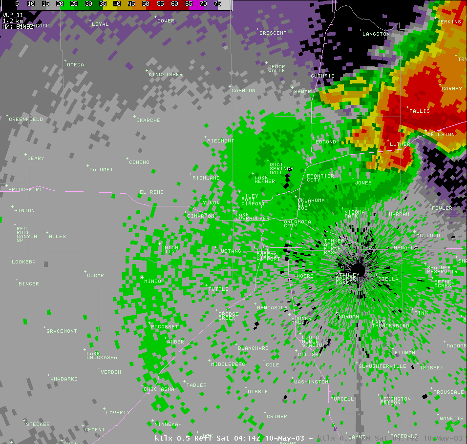 Twin Lakes, OK (KTLX) Radar Reflectivity Image for 11:14 PM CDT, 5/09/2003