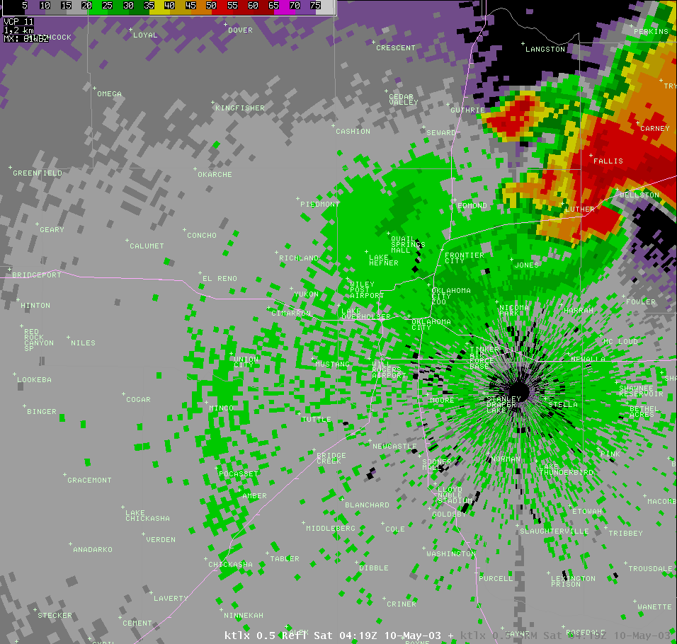 Twin Lakes, OK (KTLX) Radar Reflectivity Image for 11:19 PM CDT, 5/09/2003