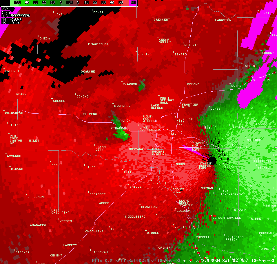 Twin Lakes, OK (KTLX) Storm Relative Velocity Image for 9:59 PM CDT, 5/09/2003