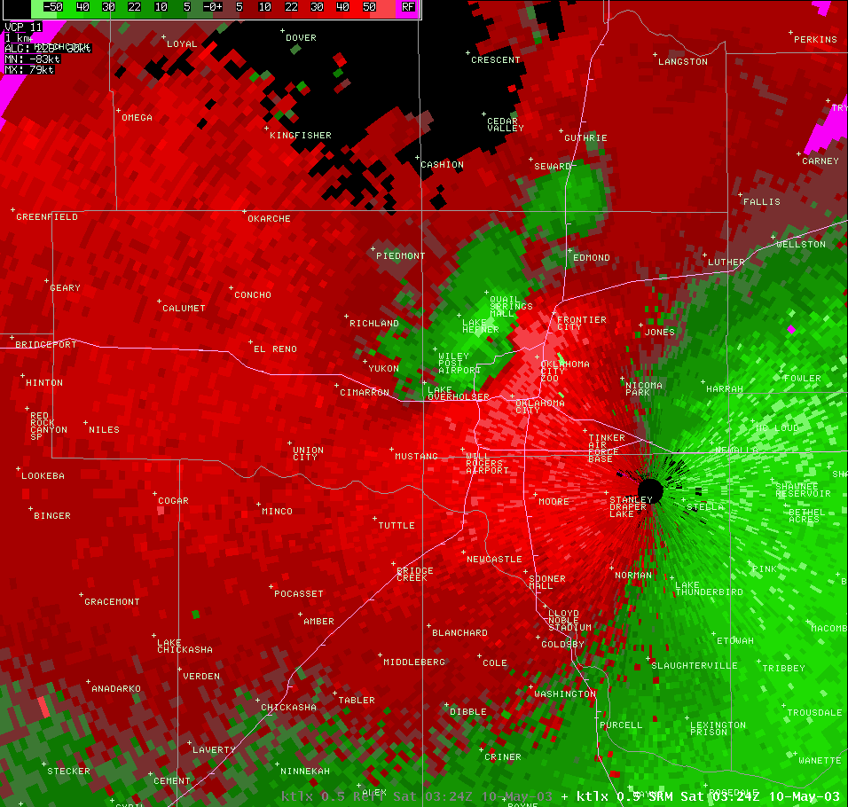 Twin Lakes, OK (KTLX) Storm Relative Velocity Image for 10:24 PM CDT, 5/09/2003