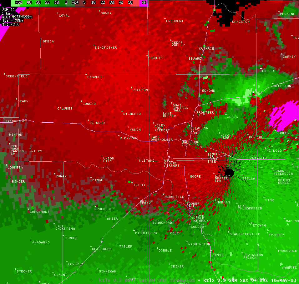 Twin Lakes, OK (KTLX) Storm Relative Velocity Image for 11:09 PM CDT, 5/09/2003