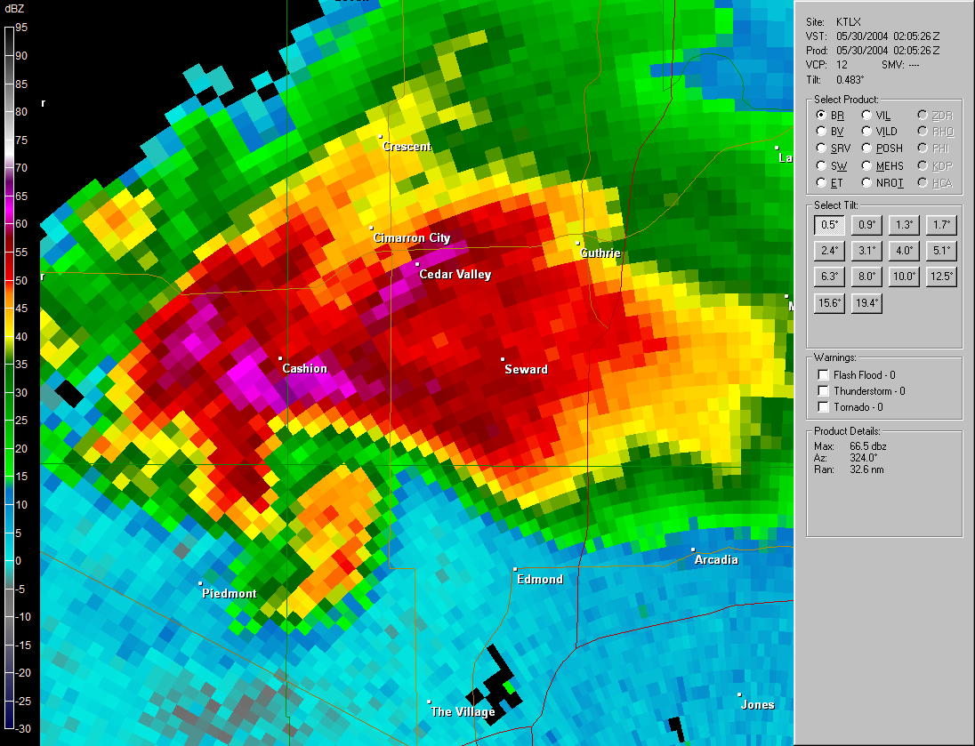 WSR-88D Twin Lakes, OK (KTLX) Radar Reflectivity Image at 9:05 PM CDT on May 29, 2004