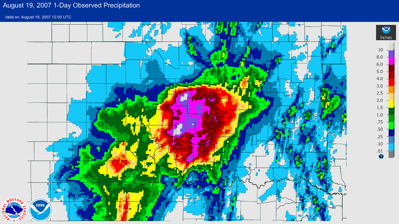 24-hour Multisensor Precipitation Estimates (MPE) ending at 7 AM CDT on August 19, 2007