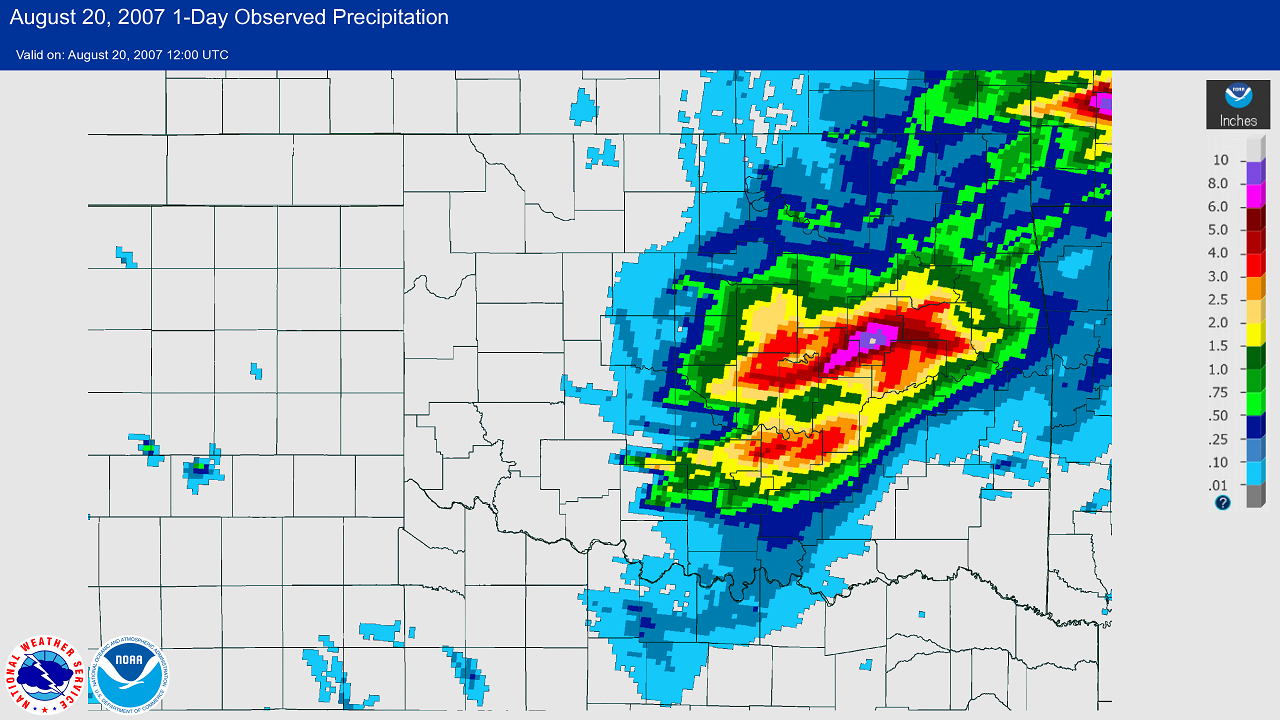 24-hour Multisensor Precipitation Estimates (MPE) ending at 7 AM CDT on August 20, 2007